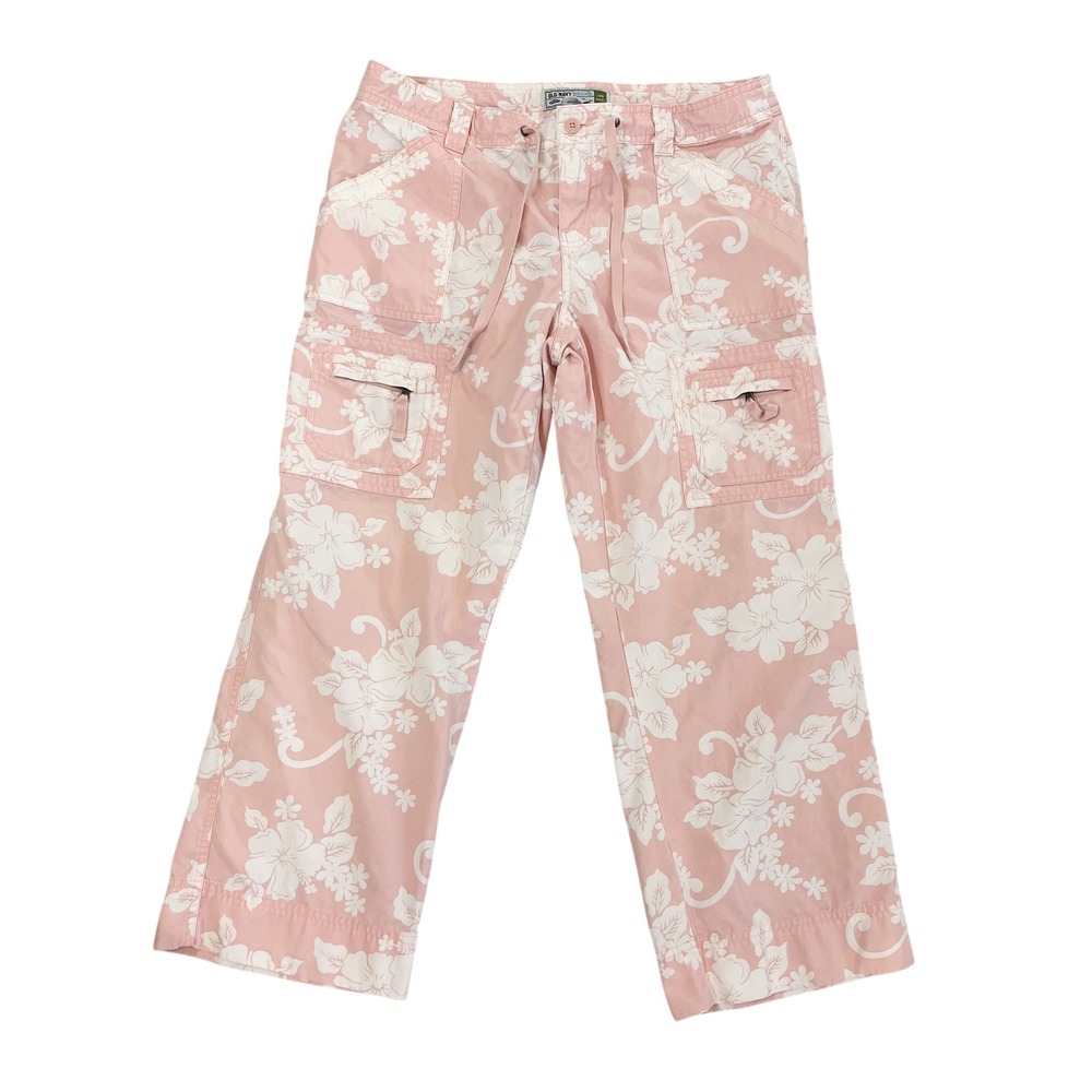 Vintage Old Navy Y2K Pink Hibiscus Floral Cargo Pants Low Waist Wide Leg Size 10